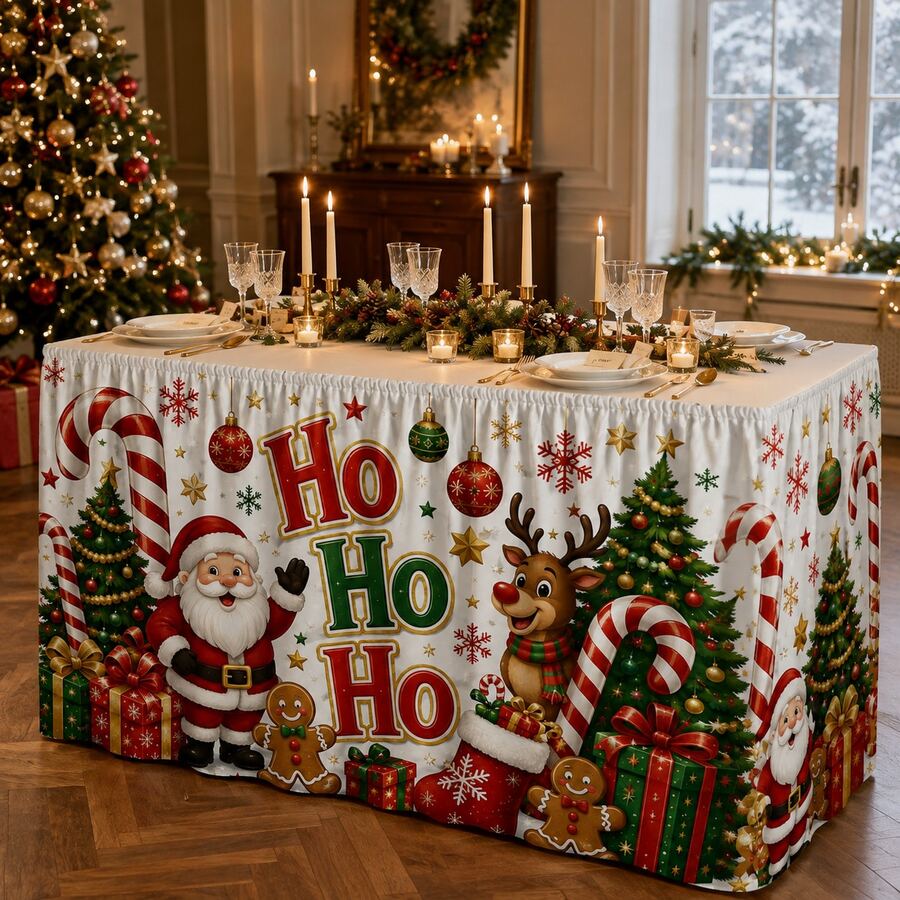 Christmas Table Skirt Polyester Tablecloth Cartoon Santa Claus Reindeer Candy Cane HO HO HO Print Gift Box And Christmas Tree Pattern Suitable For Holiday Party Family Dinner Classroom And Home Decor - A - View 1