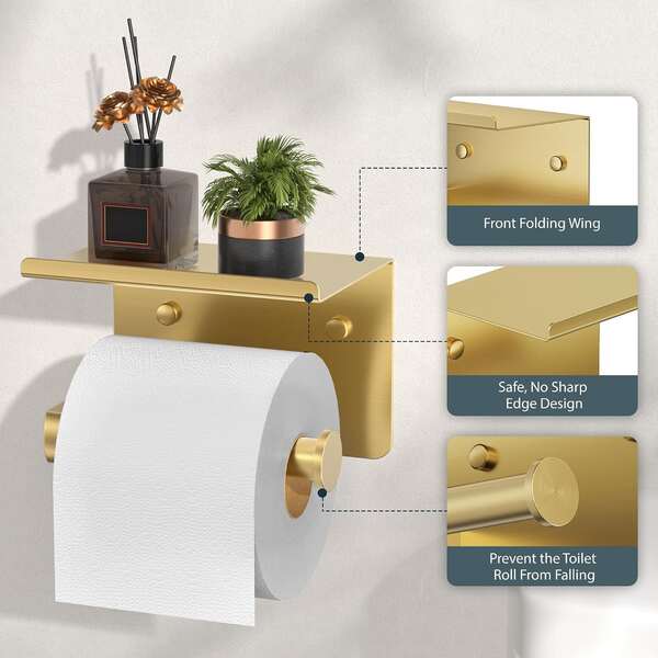 Portarrollos de acero inoxidable con espacio de almacenamiento superior - Fácil instalación para baño y tocador, sin taladro u opcional con taladro - Disponible en opciones cepillado, pulido, negro, blanco, gris y dorado