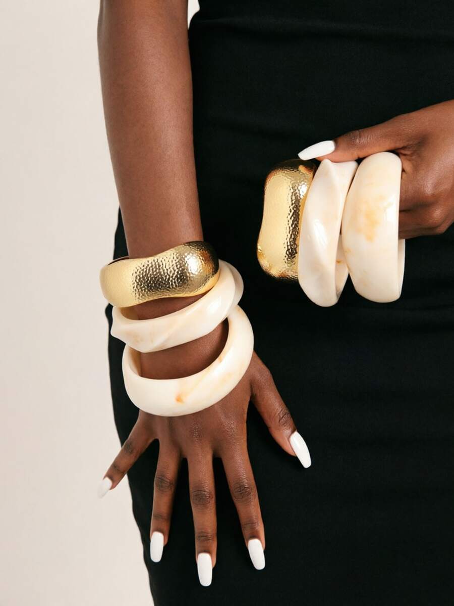3pcs Halloween Hip-Hop Punk Style Color Block Metal Layered Asymmetrical Bracelet Set - Gold + Toasted Milk - View 1