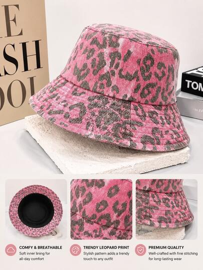 Pink Leopard Print Bucket Hat For Women, Y2K Fashion Bucket Hat, Casual Streetwear, Facial Shaping Outdoor Hat