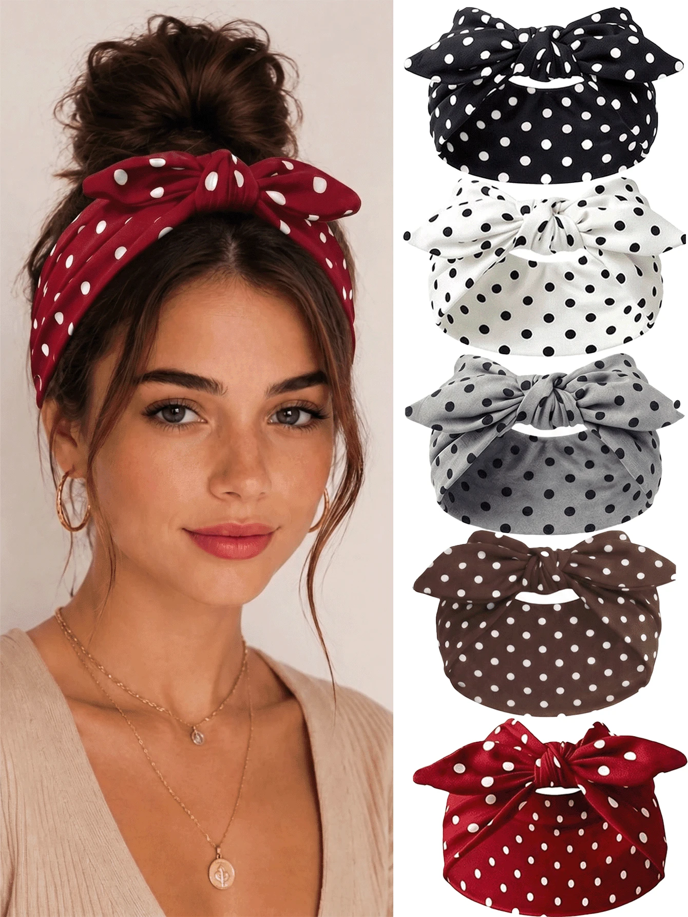 1/5pcs Women's Polka Dot Bow Headband, Vintage Knotted Elastic Twisted Hair Hoop, Cute Hair Accessory Suitable For Daily Wear, Party, Holiday, Autumn - Multicolor - View 1