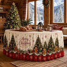 Taplak Meja Natal Tradisional, Taplak Meja Poliester Motif Selamat Natal, Dekorasi Liburan Merah dan Hijau, dengan Pola Pohon Natal, Kue Jahe, dan Kepingan Salju, Dekorasi Pesta Makan Malam Natal yang Elegan untuk Rumah dan Restoran - A - View 4