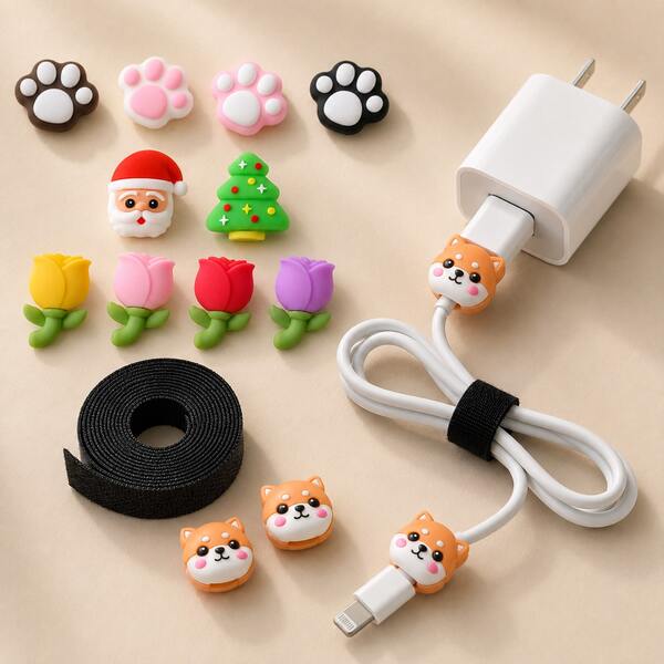 Charging Cable Protection & Storage Set, 4pcs Cable Protectors With 5m Cuttable Hook And Loop Cable Ties, Anti-Bend Cable Protectors, Suitable For Charging Cables, Data Cables, Connector Ends & Cable Management