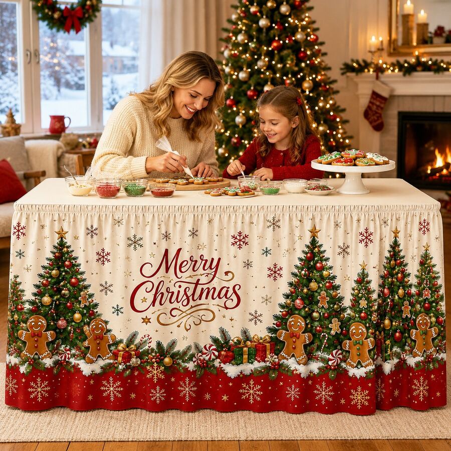 Taplak Meja Natal Tradisional, Taplak Meja Poliester Motif Selamat Natal, Dekorasi Liburan Merah dan Hijau, dengan Pola Pohon Natal, Kue Jahe, dan Kepingan Salju, Dekorasi Pesta Makan Malam Natal yang Elegan untuk Rumah dan Restoran - A - View 1
