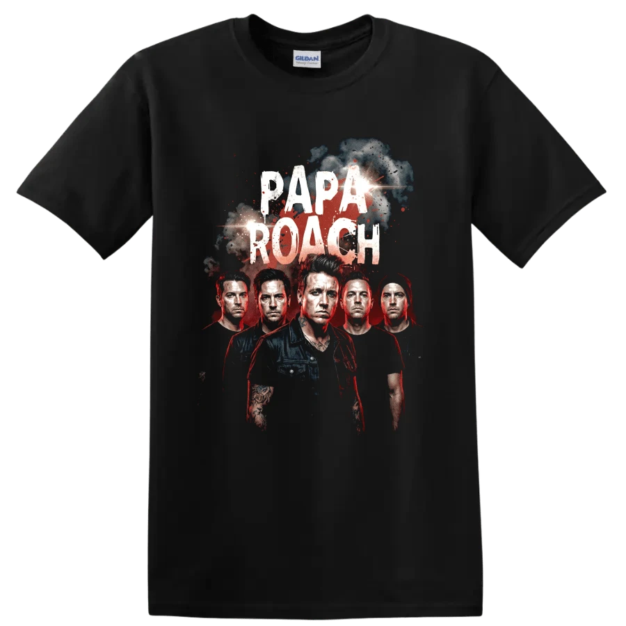 Papa Roach Rock Music Band Portrait Graphic T Shirt W/ Distressed Red Art Tee - 黑色的 - 查看 1