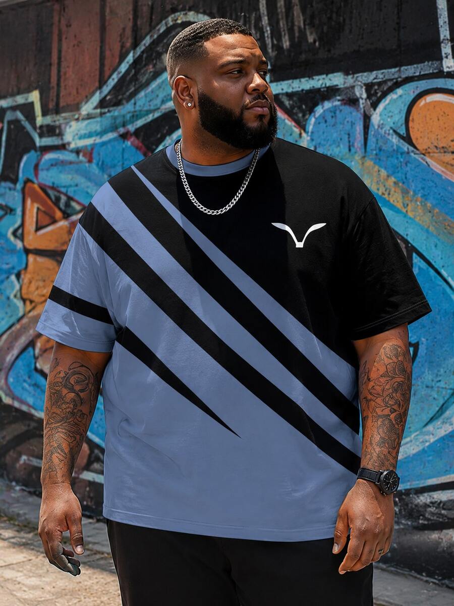 Plus Size Men's Casual Sports Round Neck T-Shirt, Polyester Knit Fabric, Comfortable & Breathable, Versatile For Daily Wear, Casual Sports, Featuring Contrast Color Prints, Animal Patterns, & Unique Designs - Royal Blue - View 1