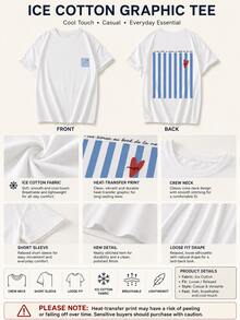 Camiseta de manga corta de cuello redondo con estampado de rayas azules, blusa versátil y elegante para mujer en color blanco - Blanco - Ver 9
