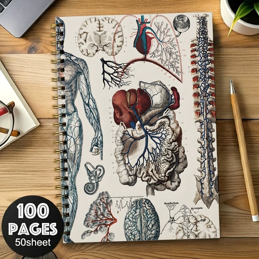 1pc Vintage Human Vascular Anatomy Spiral Notebook - For Medical Students, Nurses And Science Enthusiasts - Unique Nursing Graduation Gift, Durable Unique Design, Educational Cover Art - A5 - View 1