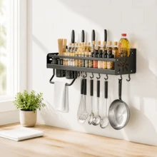 1pc Standard Size Space-Saving Wall-Mounted Spice Rack, Modern Minimalist Solid Rectangular Storage Shelf, Dual Installation Design With Hooks For Hanging Utensils And Kitchenware, No-Drill And Drill-Free Installation Bracket, Suitable For Kitchen, Bathroom And Home - View 2
