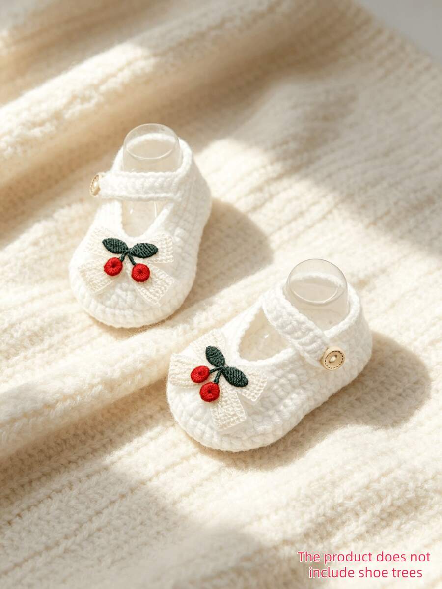 1 Pair Baby Girls' Cherry Mary Jane Ankle Boots, White Knit With Button Strap - White - View 1