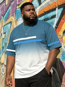 Men's Plus Size Casual Crew Neck T-Shirt, Polyester Knit Fabric, Comfortable And Breathable, Fashionable Casual "Minimalist Gradient Plaid" Pattern, Casual Street Design Fresh Series, Novel Personalized Top - Blue - View 1