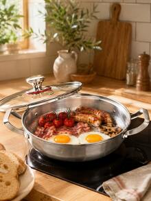 1pc Premium Stainless Steel Frying Pan With Glass Lid, Wide Double Handles Shallow Bottom Cooking Pot, Hammered Interior, Suitable For Seafood, Pasta, Stew, Frying Pan/Cookware, Kitchen Cooking Utensils, Induction Cooktop Compatible Cookware Set - View 3