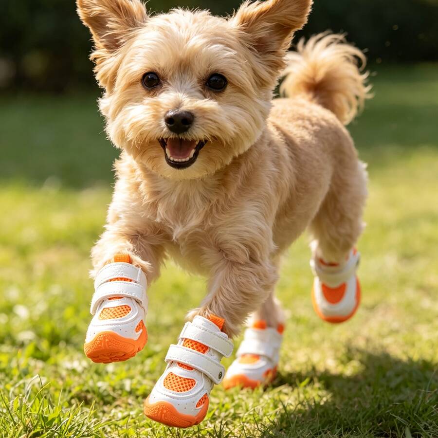 透氣網布幼犬運動鞋 可調節魔鬼氈 防滑戶外防撞狗鞋 - 橘色 - 查看 1