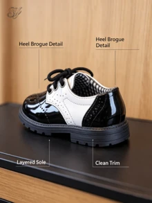 1 Pair British Patchwork Shiny Leather Children's Brogue Lace-Up Round Toe Thick Sole Formal Shoes, School Uniform Performance Shoes, Unisex - Black and White - View 7