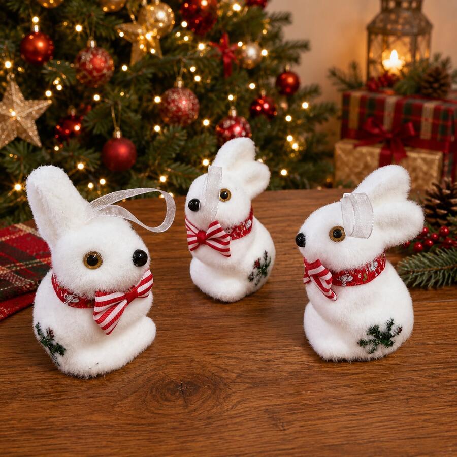 Set Of 3 Christmas Bunnies - White - View 1