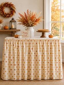 1pc Cream Orange Polka Dot Table Skirt, Cozy Farmhouse Polyester Rectangular Ruffled Pleated Decorative Party Table Cover For Fall Decor, Thanksgiving, Harvest Party, Autumn Dinner, Kitchen Decor & Fall Home Decor - Multicolor - View 2