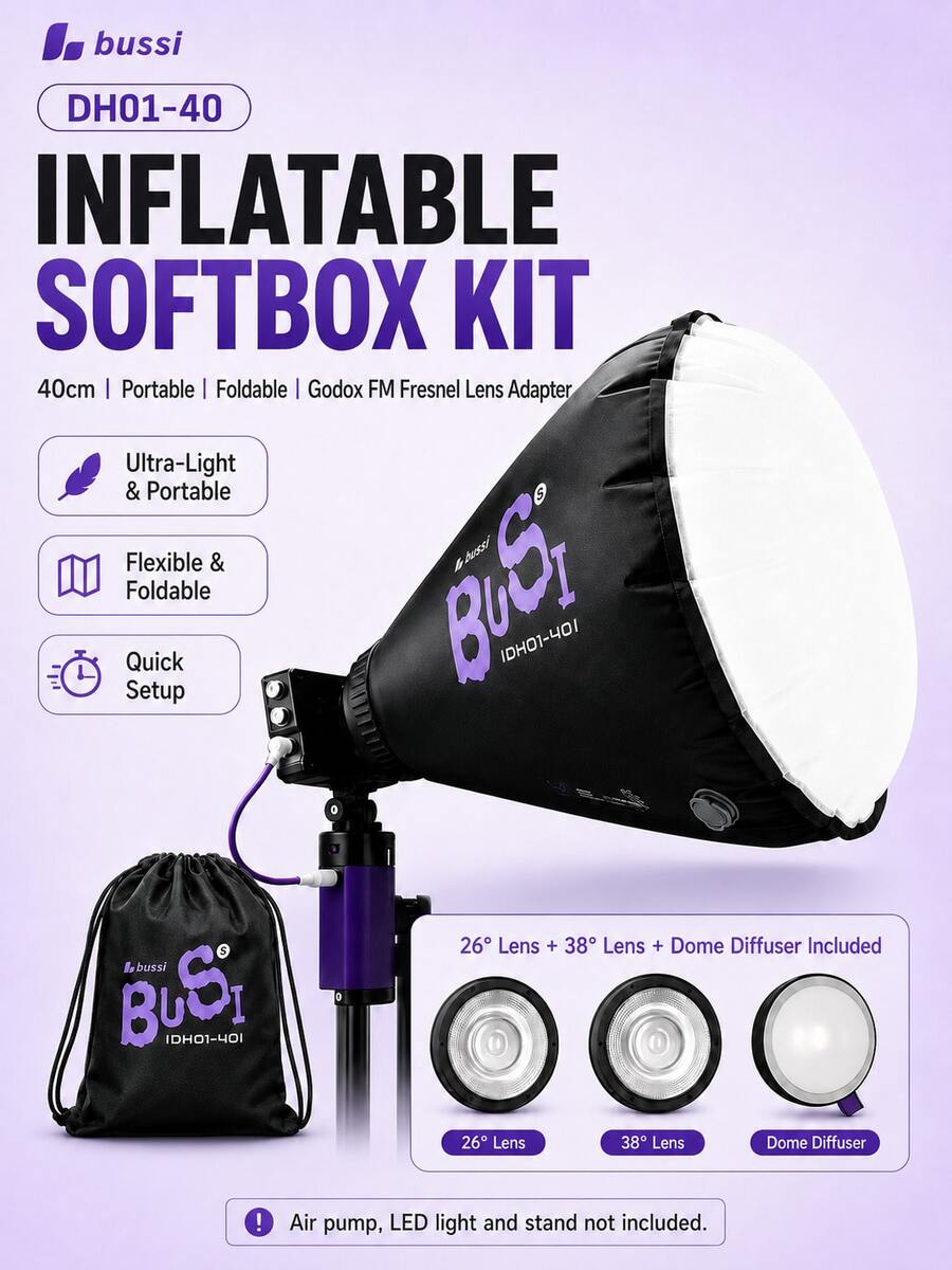 Bussi DH01-40 40cm Inflatable Parabolic Softbox Kit With FM Fresnel Lens Adapter, 26°/38° Lenses And Spherical Diffuser, 30s Quick Inflation, Compatible With ML Series LED Lights, Portable Foldable Softbox Accessory For Portrait, Live Streaming And Product Photography - View 1