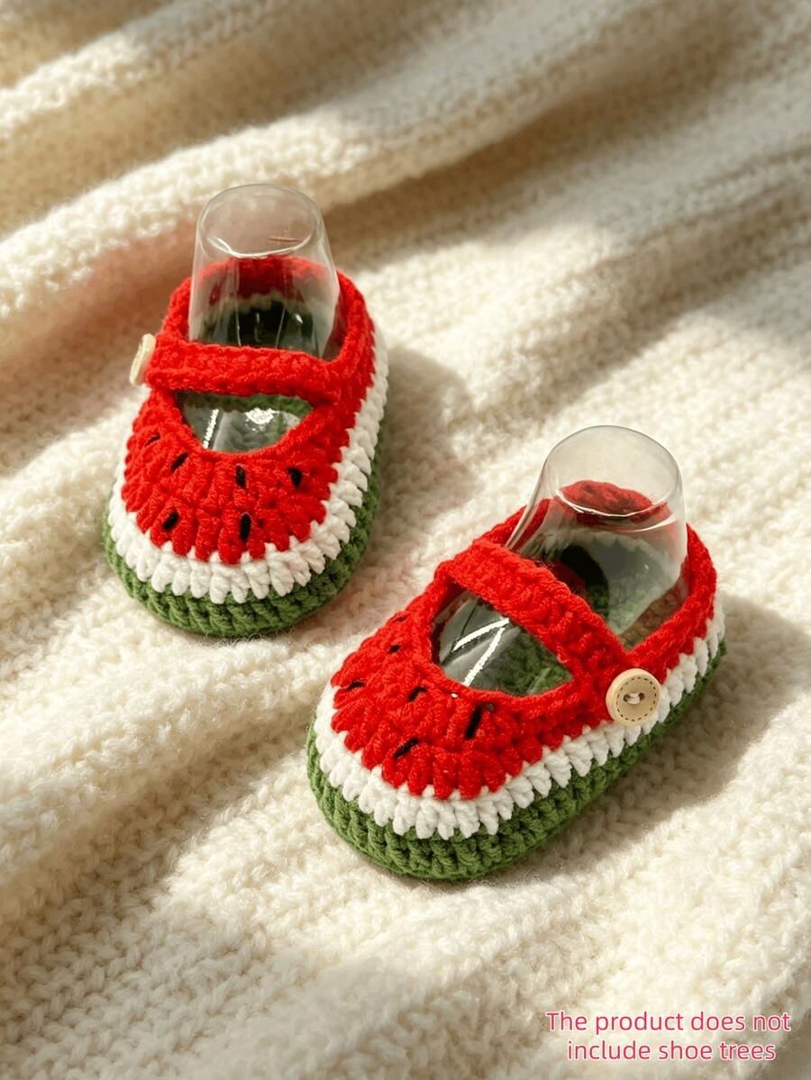 1 par de zapatos de bebé hechos a mano con patrón de sandía, estilo Mary Jane en rojo, verde y blanco - Rojo - Ver 1