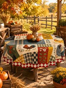 1pc Farmhouse Chicken Rooster Tablecloth, Vintage Rustic Patchwork Table Cover With Sunflower Floral Buffalo Plaid Pattern, Polyester Dining Table Cloth For Kitchen Dining Room Home Decor Fall Harvest Party - E - View 7