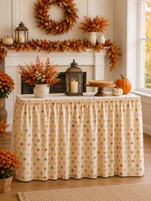 1pc Cream Orange Polka Dot Table Skirt, Cozy Farmhouse Polyester Rectangular Ruffled Pleated Decorative Party Table Cover For Fall Decor, Thanksgiving, Harvest Party, Autumn Dinner, Kitchen Decor & Fall Home Decor - Multicolor - View 11
