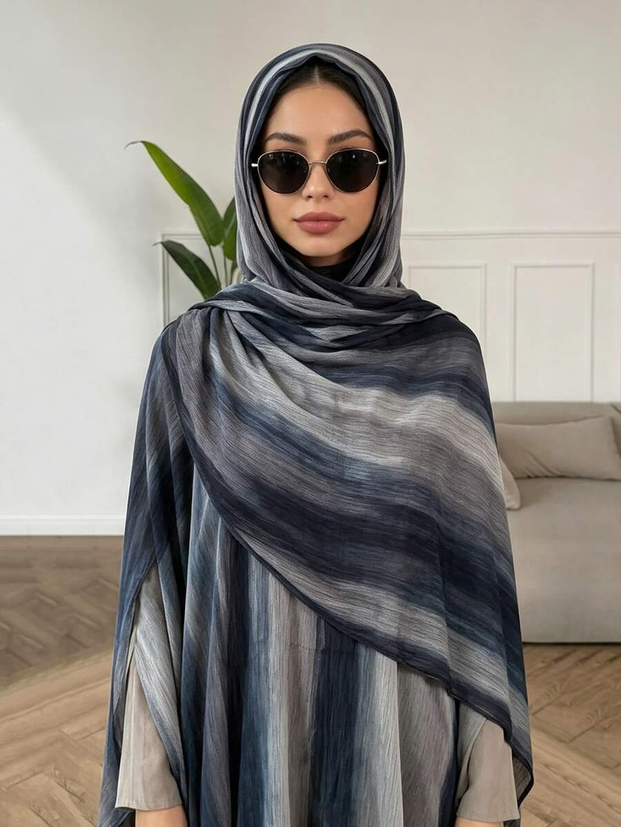 حجاب ربيع/صيف جديد قابل للتنفس محتشم بنمط تاي داي غير متماثل مخطط بألوان متدرجة وشاح حجاب مسلم من المودال ناعم وقابل للتنفس - متعدد الألوان - مشاهدة 1