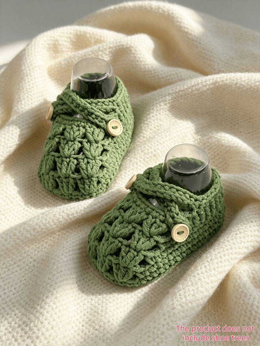 1 par de botitas hechas a mano para bebé, zapatos de ganchillo de color púrpura claro con detalles de hebilla, adecuados para tallas de bebé - Verde militar - Ver 1
