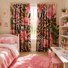 2 Panels Leopard Zebra Mixed Animal Print Window Curtains Rod Pocket Semi Transparent Light Filtering Privacy Drapes Pink Tropical Flower Palm Leaf Exotic Boho Glam Decor Washable Curtains For Bedroom Living Room - Multicolor - View 11