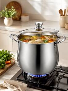 1PC Deep Stainless Steel Hot Pot With Glass Lid, Large Double Handle Cooking & Serving Pot For Family Hot Pot, Seafood Boil, Soup And Dinner Gatherings - View 1