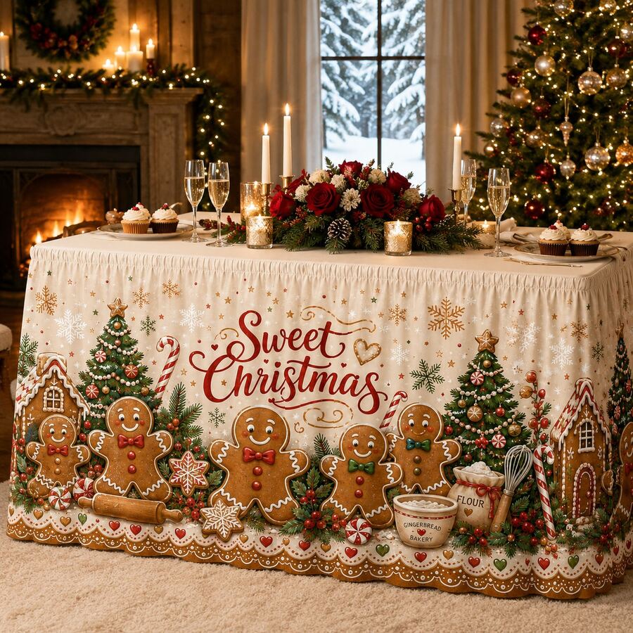 Christmas Gingerbread Man Table Skirt, Sweet Christmas Holiday Tablecloth Decoration With Snowflake, Candy Cane, Christmas Tree And Gingerbread House Patterns, Cozy Farmhouse Style Dining Room Table Skirt, Suitable For Christmas Party, Family Dinner, Kitchen Decor - A - View 1