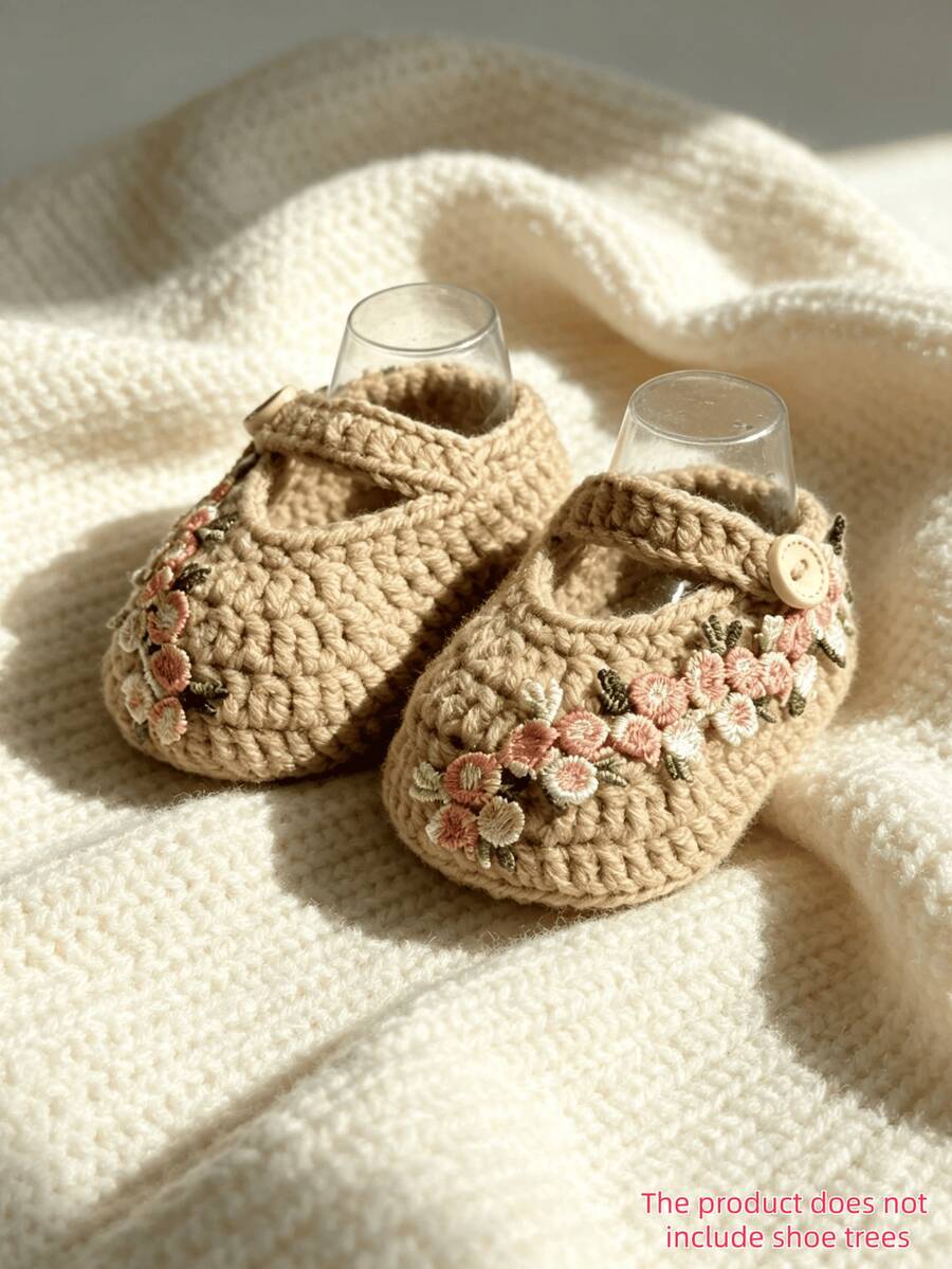 1 Pair Handmade Crochet Infant Shoes, Beige Floral Embroidery, Mary Jane Style, Button Tie - Khaki - View 1