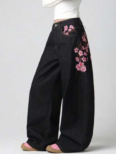 Teen Girl Fashion Brand Plum Blossom Embroidered Streetwear Jeans