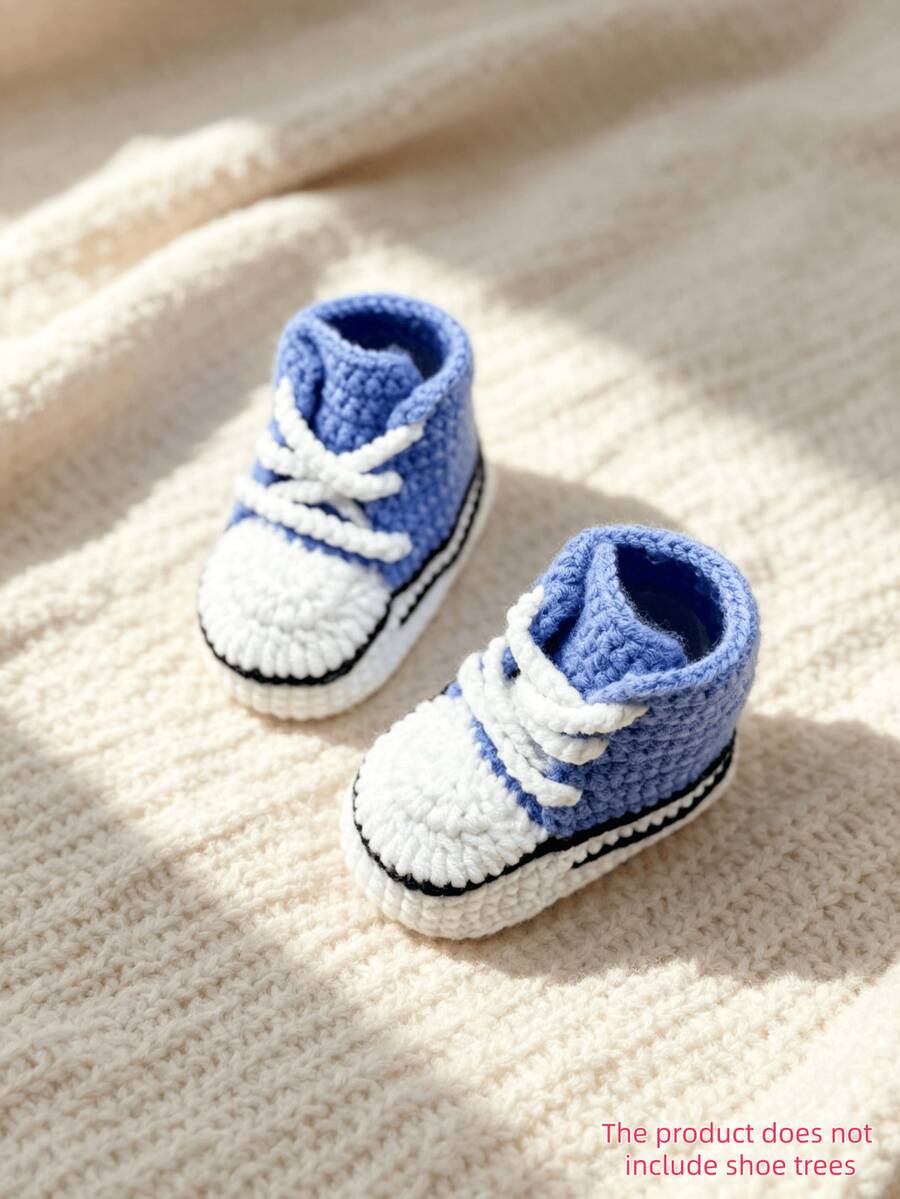 1 Pair Handmade Crochet Infant Booties, Soft Indoor Floor Socks For Crawling/First Step - Blue - View 1