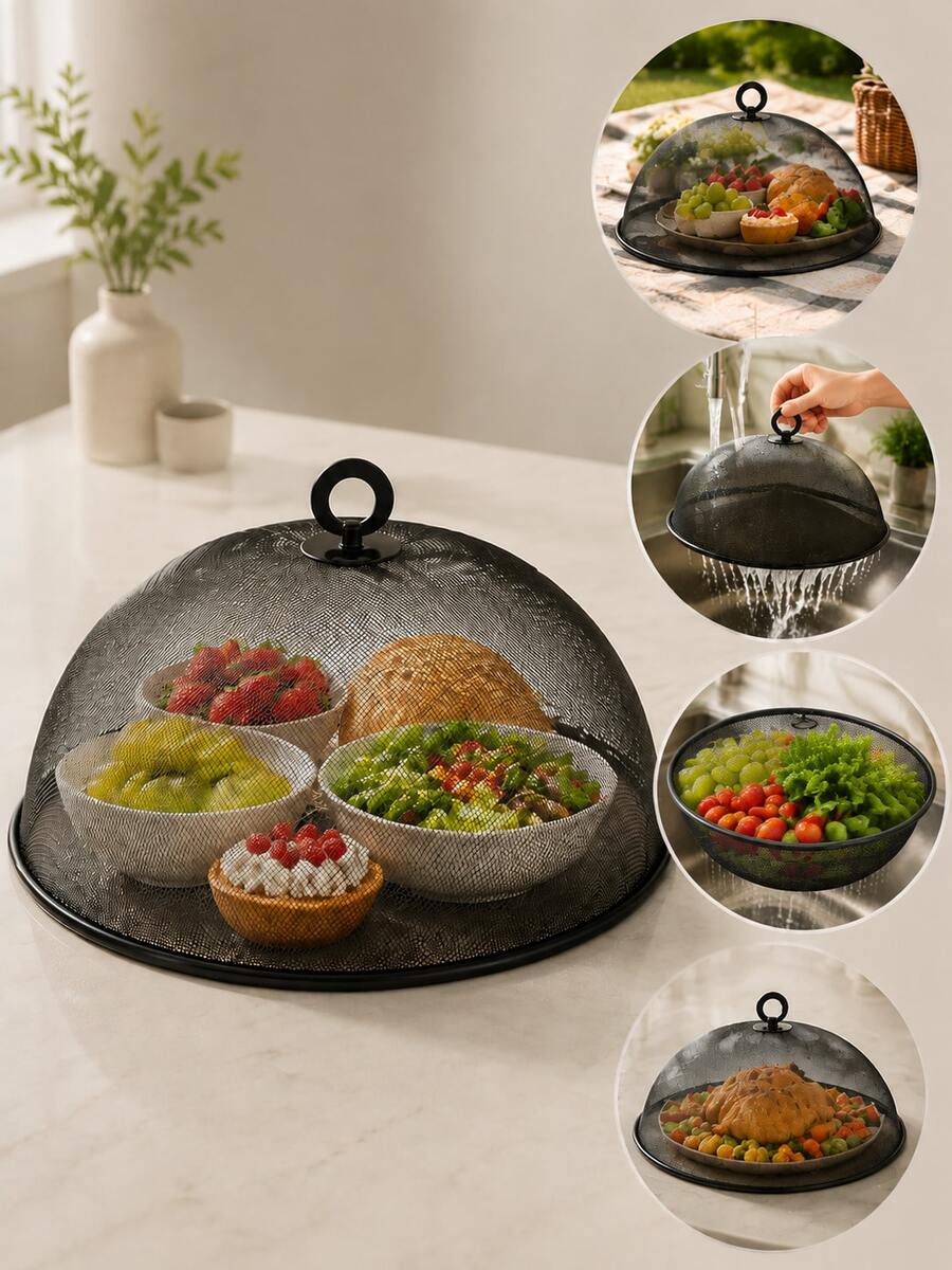 2pcs/1pc Black Metal Frame Mesh Food Cover, Breathable And Durable, Suitable For Kitchen And Dining Table Protection, Can Cover Plates, Desserts And Other Foods, Catering Service Accessory, Smooth Metal Appearance, Suitable For Christmas, Valentine's Day - Multicolor - View 1