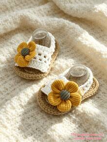 1 Pair Crochet Infant Sandals With Yellow Sunflower, Handmade Shoes, Beige - White - View 1