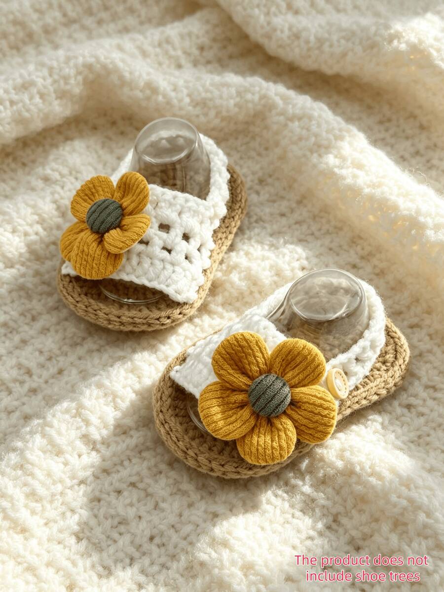 1 Pair Crochet Infant Sandals With Yellow Sunflower, Handmade Shoes, Beige - White - View 1