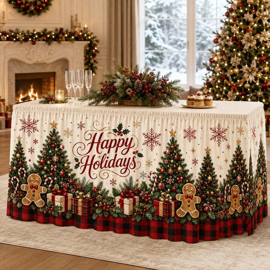 Luxury Christmas Tablecloth, Printed With Gingerbread Man, Christmas Tree And Buffalo Plaid Patterns, Country Farm Style Holiday Polyester Tablecloth, Warm Christmas Party Decoration, Suitable For Dining Room, Family Dinner And Winter Home Decor - A - View 1
