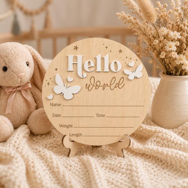 Plakat Pengumuman Kelahiran Bayi Baru Lahir "Hello World" dari Kayu, Papan Catatan Informasi Kelahiran Bayi Dekoratif Kupu-kupu 3D, Plat Catatan Nama, Tanggal, Waktu, Berat, Tinggi, Properti Foto Bayi dengan Stand