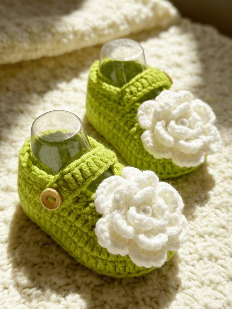 1 Pair Handmade Infant Booties, Green Crochet With White Flower Decor, Buckle Closure - Green - View 1