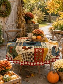 1pc Farmhouse Chicken Rooster Tablecloth, Vintage Rustic Patchwork Table Cover With Sunflower Floral Buffalo Plaid Pattern, Polyester Dining Table Cloth For Kitchen Dining Room Home Decor Fall Harvest Party - E - View 8