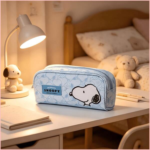 SNOOPY 1個淺藍色史努比大容量雙層鉛筆盒手拿包，防水耐磨卡通學生文具收納袋，校園教室自習桌面收納，旅行便攜雜物小包，返校季、萬聖節、聖誕節、新年、畢業禮物