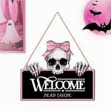 2D Flat Pink Gothic Skull Welcome Sign - Horror Halloween Decor With "Welcome Dead Inside" Message, Suitable For Haunted House, Garden And Gothic Home Decor - Multicolor - View 5