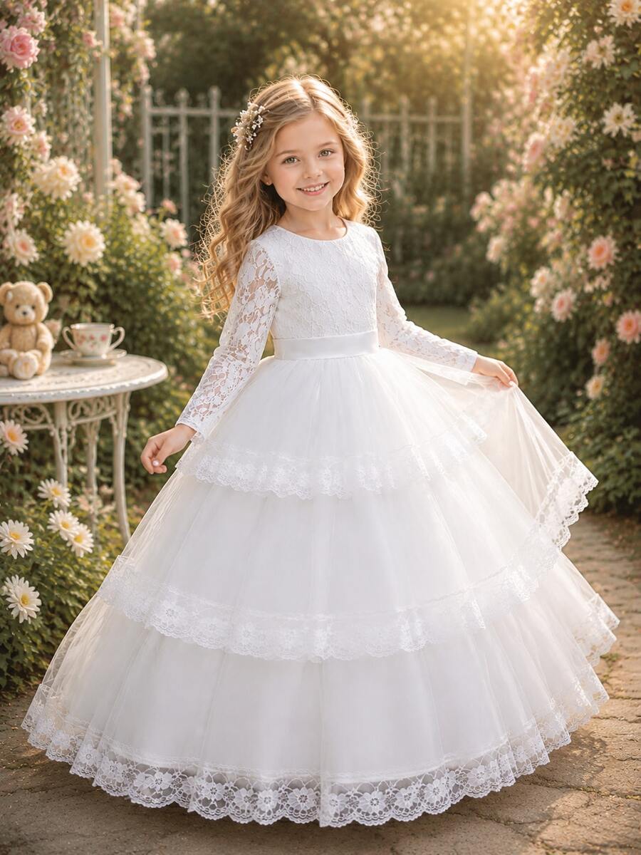 Elegant Fluffy Long Dress For Young Girls, Multi-Layer Embroidered ...