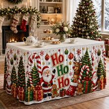 Christmas Table Skirt Polyester Tablecloth Cartoon Santa Claus Reindeer Candy Cane HO HO HO Print Gift Box And Christmas Tree Pattern Suitable For Holiday Party Family Dinner Classroom And Home Decor - A - View 3