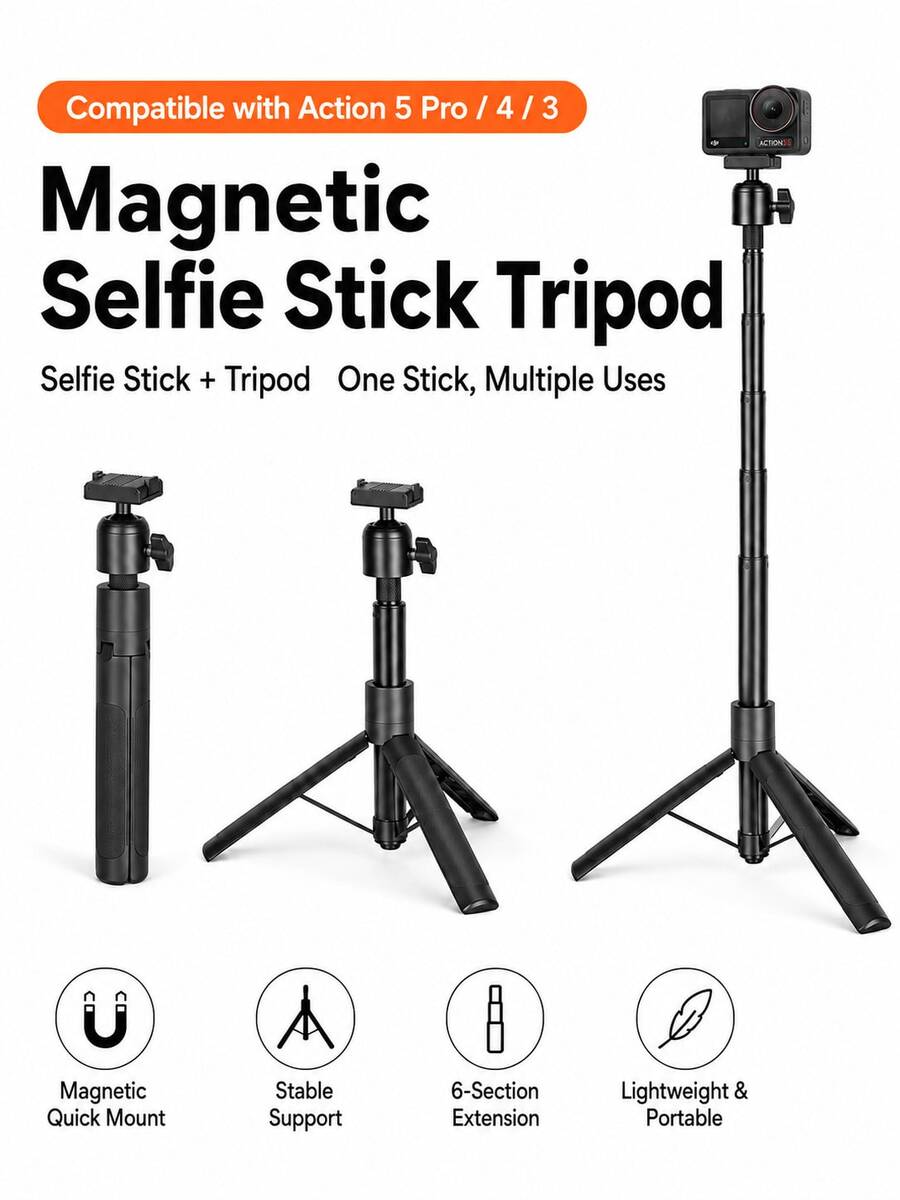 120cm Magnetic Quick Release Action Camera Selfie Stick Tripod, 6-Section Aluminum Alloy + PC Telescopic Pole With Adjustable Ball Head Mount And Built-In 1/4" Screw Interface, Compatible With DJI Osmo Action 5 Pro/4/3, Suitable For Vlog, Travel And Outdoor Shooting - View 1