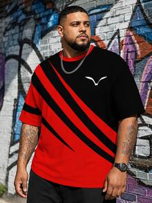 Plus Size Men Casual Sports Round Neck T-Shirt, Polyester Knit Fabric Comfortable Breathable, Versatile Daily Casual Sports Striped Series Contrast Color Print And Animal Pattern Novelty Tops - Red - View 1