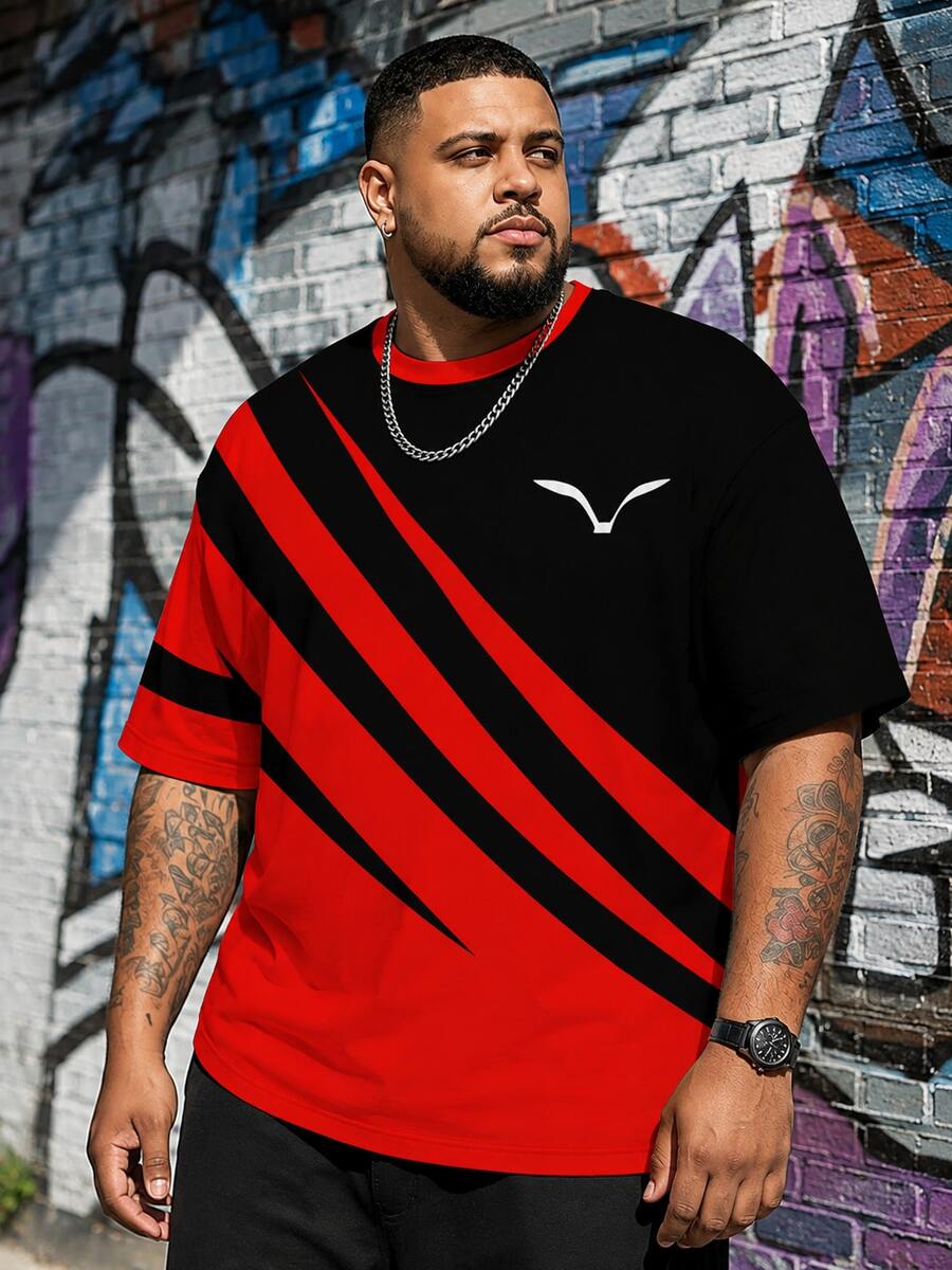 Plus Size Men Casual Sports Round Neck T-Shirt, Polyester Knit Fabric Comfortable Breathable, Versatile Daily Casual Sports Striped Series Contrast Color Print And Animal Pattern Novelty Tops - Red - View 1