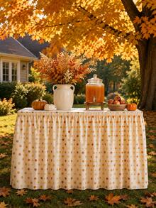 1pc Cream Orange Polka Dot Table Skirt, Cozy Farmhouse Polyester Rectangular Ruffled Pleated Decorative Party Table Cover For Fall Decor, Thanksgiving, Harvest Party, Autumn Dinner, Kitchen Decor & Fall Home Decor - Multicolor - View 3