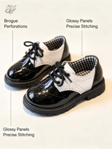 1 Pair British Patchwork Shiny Leather Children's Brogue Lace-Up Round Toe Thick Sole Formal Shoes, School Uniform Performance Shoes, Unisex - Black and White - View 3