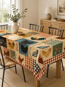 1pc Farmhouse Chicken Rooster Tablecloth, Vintage Rustic Patchwork Table Cover With Sunflower Floral Buffalo Plaid Pattern, Polyester Dining Table Cloth For Kitchen Dining Room Home Decor Fall Harvest Party - E - View 15