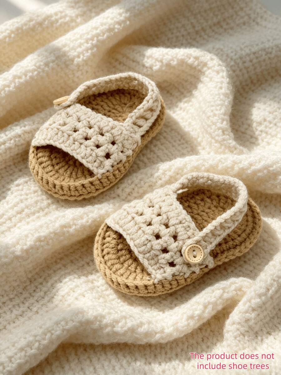 1 par de sandalias de bebé tejidas a mano, zapatos de ganchillo para gatear antes de caminar - Beis - Ver 1